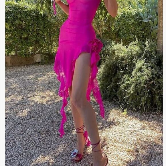 Women 3D Flower Irregular Ruffle Dress Y2k Sleeveless Split Long Dress LARGE - Picture 3 of 16